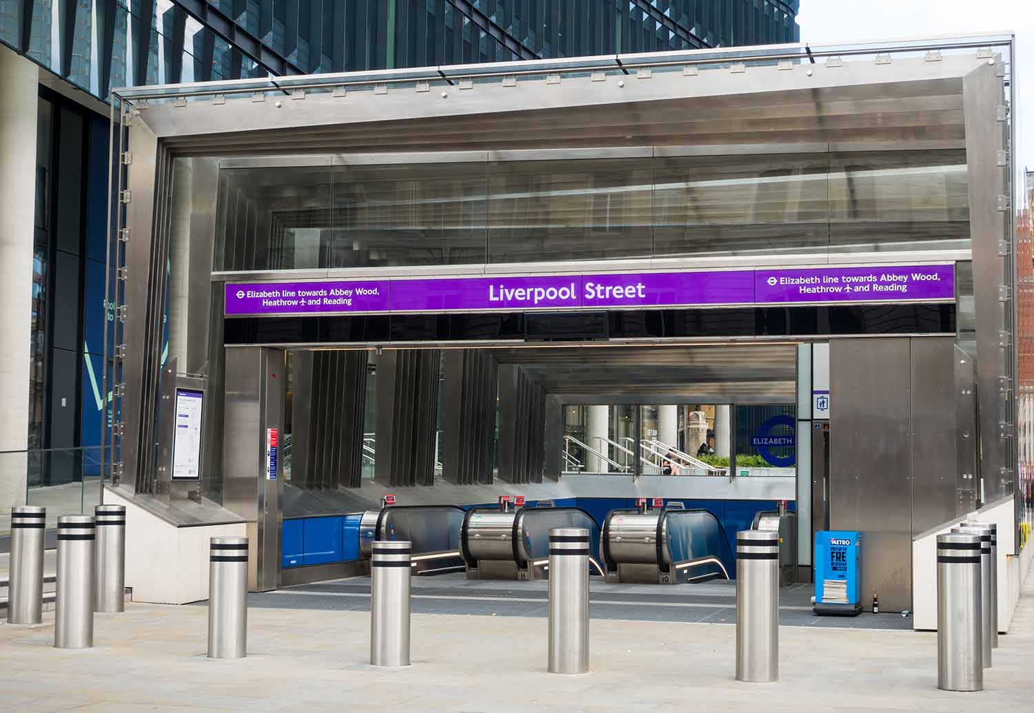 The new Elizabeth train line is open. The underground main outdoor entrance from Liverpool Street Station, Blomfield Street. Transport and Crossrail.